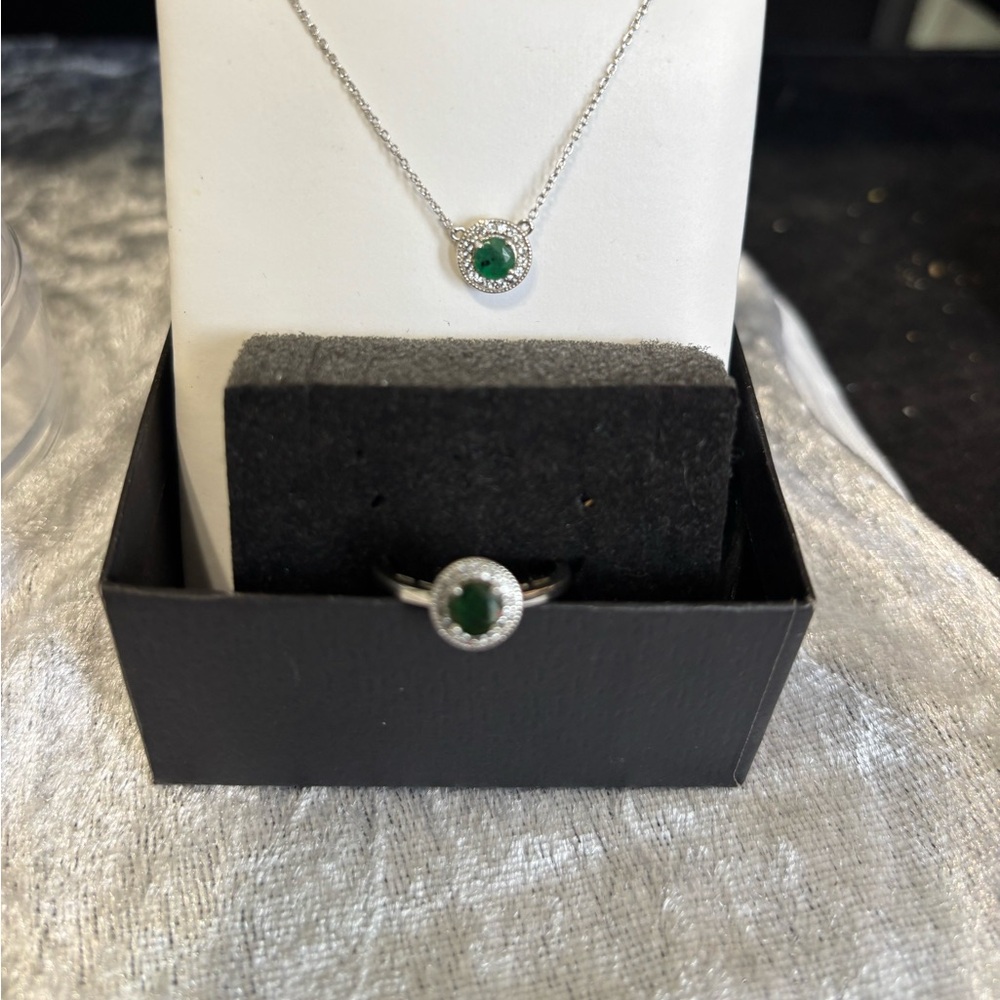 Natural Emerald and white Sapphire ring and pendant set. Sterling silver